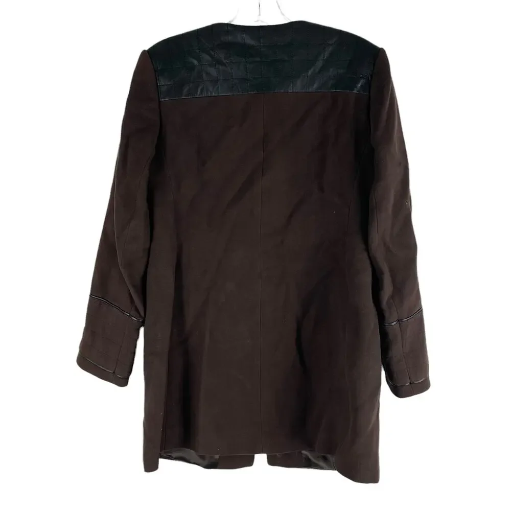 Etcetera Leather Trim Long Coat Jacket Turnlock Closure Brown Size 6